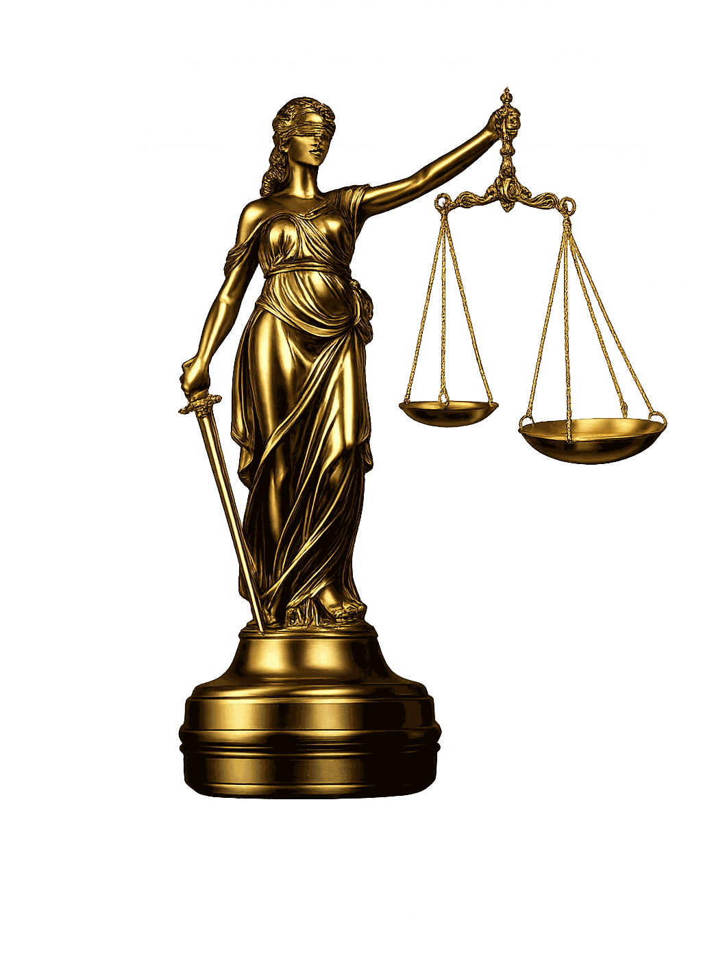 Gilded statue of Lady Justice holding balanced scales and a sword